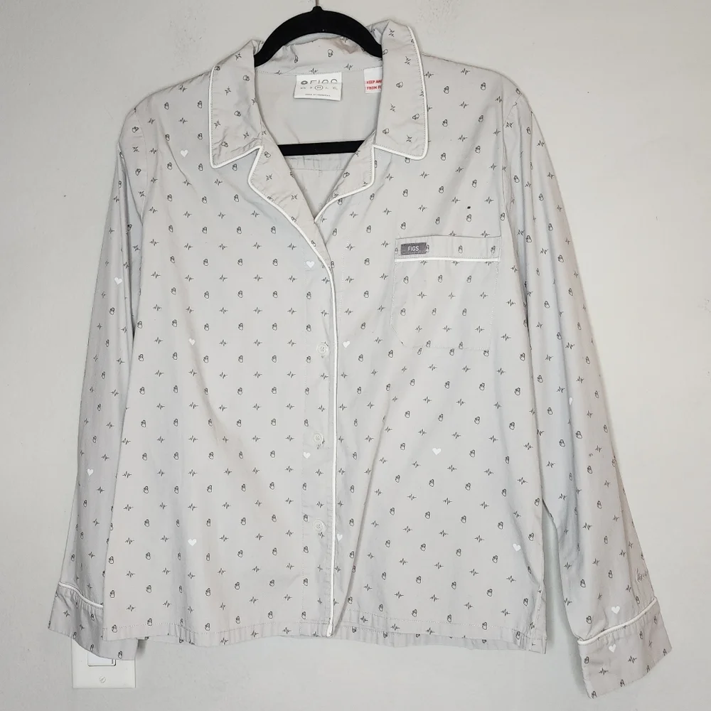 Figs Cardiology‎ Heart Pajama Long Sleeve Button Top Grey Poplin Cotton Medium